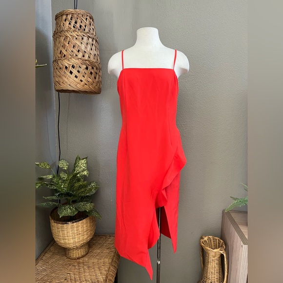☑️ Bardot Carmelle Cocktail Dress Ruffle Slit Fitted size 10/L - Picture 9 of 12